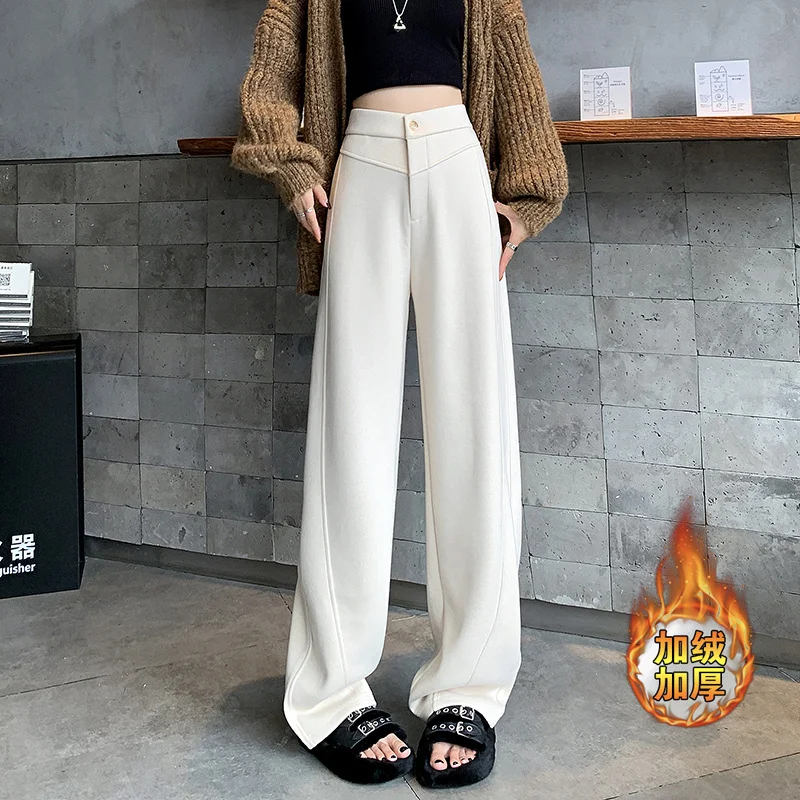 Woherb Rice White Add Velvet And Thick Wool Woolen Wide Leg Pants Female Autumn And Winter High Waist Show Thin Hanging Feeling Loose Straight Tube Narrow Version Banana Pants-Outfit Ideas