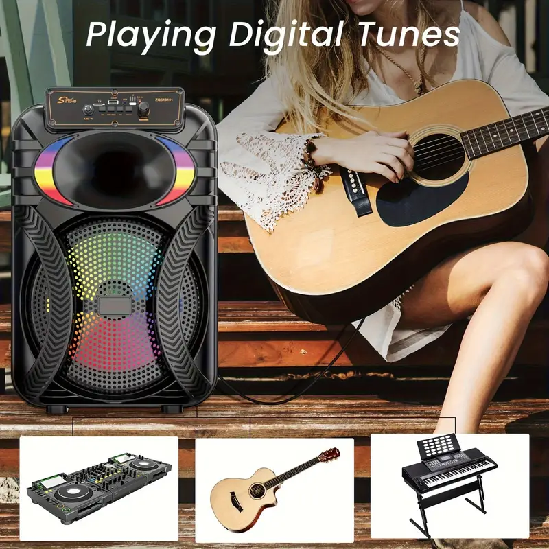 massive 10 bt speaker for outdoor indoor party 2400mah rechargeable portabletv speaker features bt fm usb tf card 2 mic tws pairing wireless mic dynamic colorful led lights camping parties more Product details 5