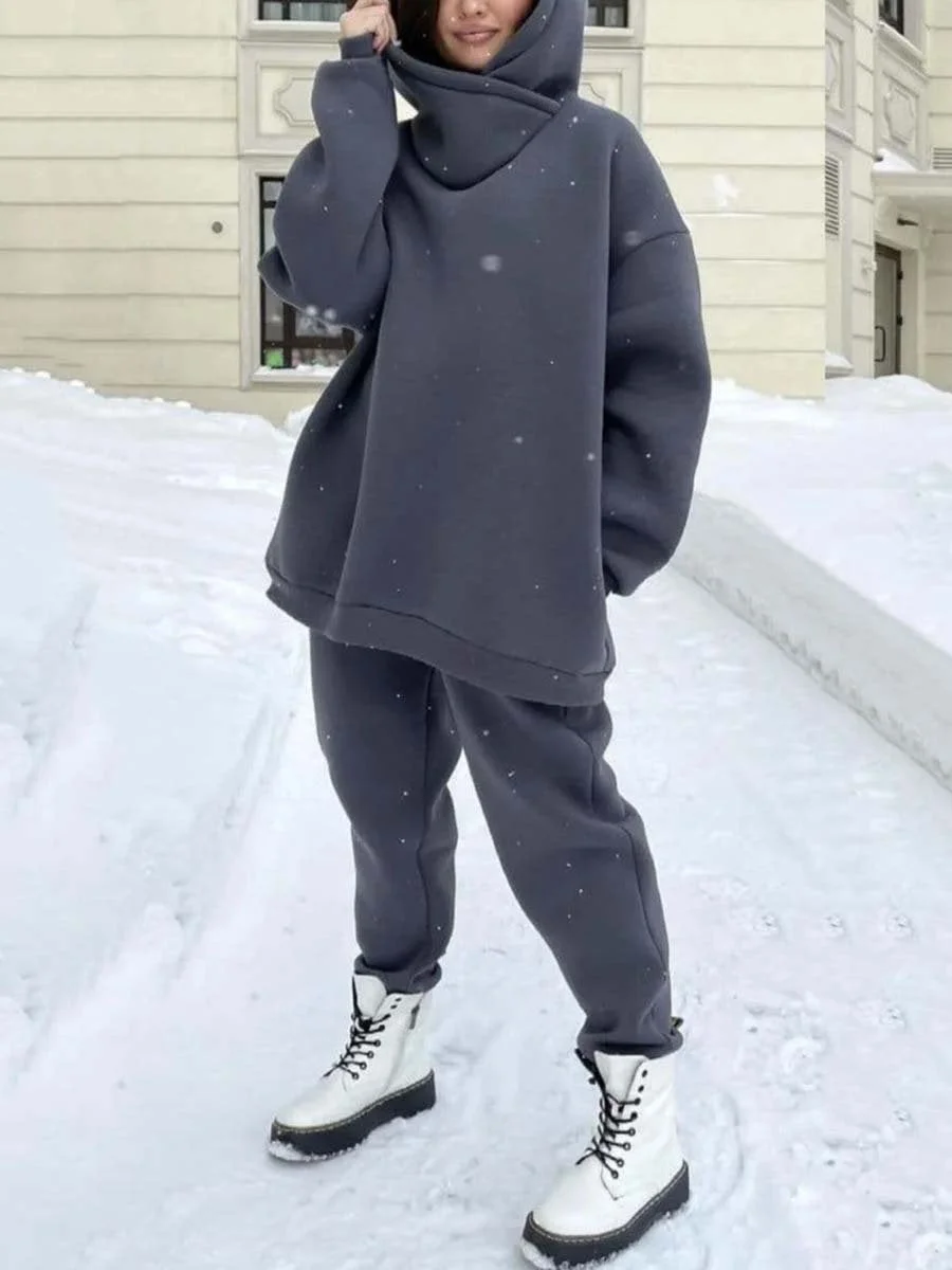 Two-piece suit of solid color casual hoodie and sweatpants