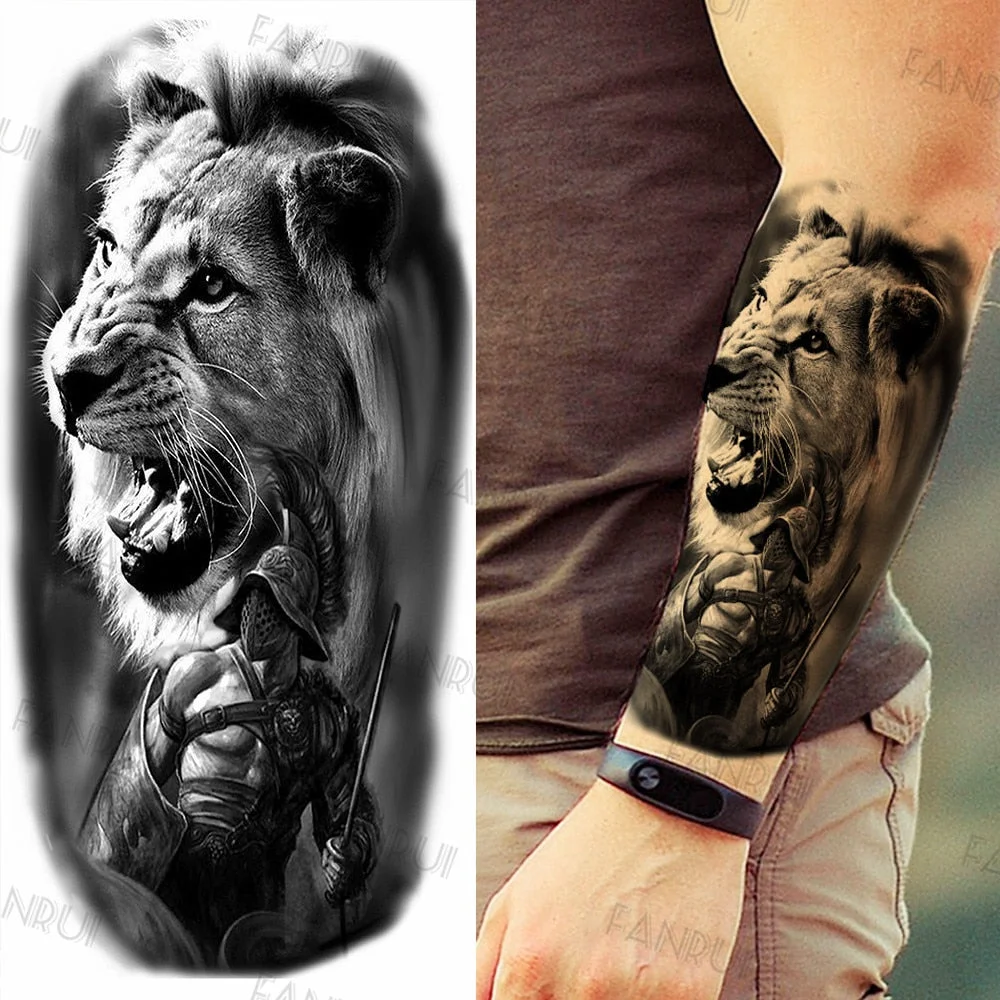 Black Gun Tattoos Sticker For Men Women Arm Art Temporary Tattoos Realistic Fake Flower Lion Tiger Tatoos Decal Cool Warrior DIY