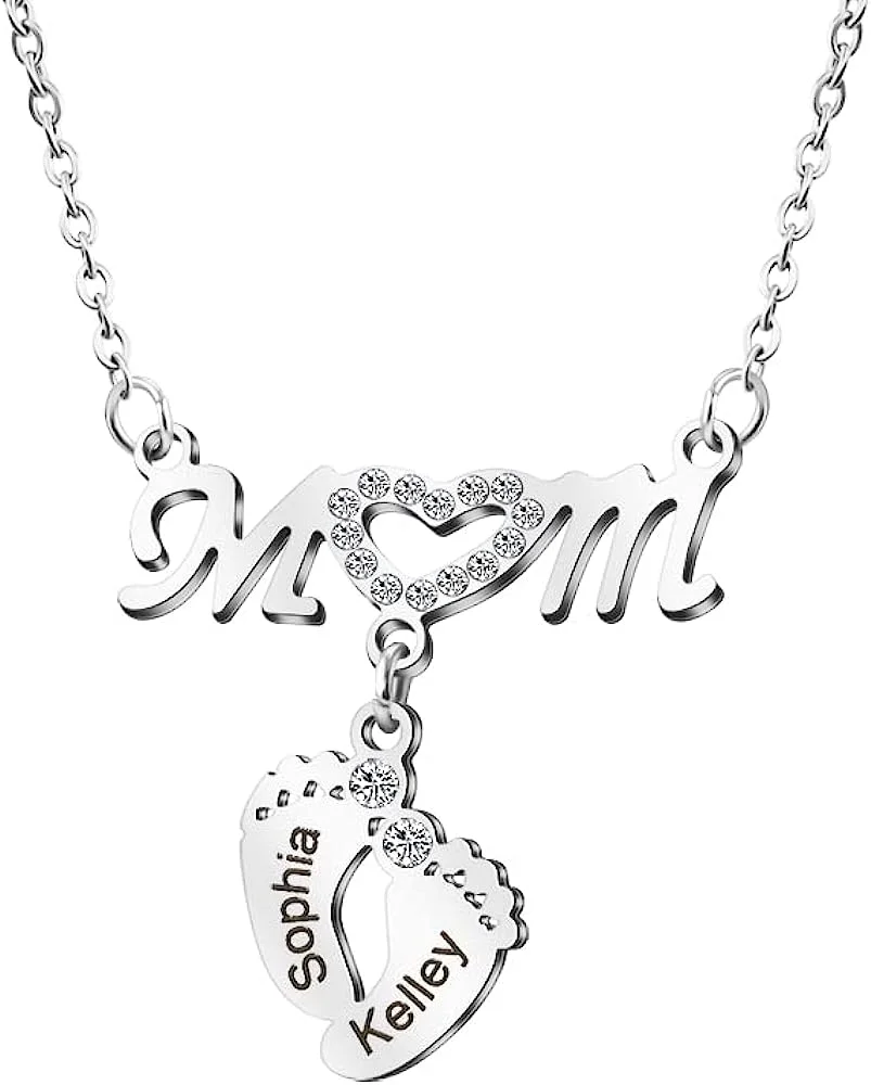 Personalized 1-3 Names Mother Necklace Engraved Name Baby Feet Pendent Necklace for Women Customized Jewelry Mothers Day Gifts for Mom Grandma Wife