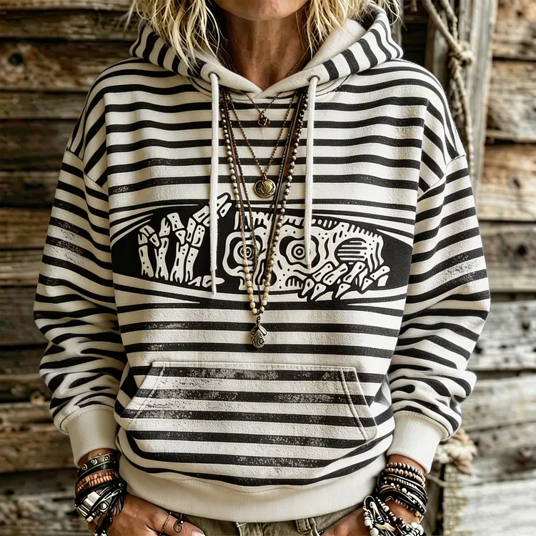 Women's Retro Striped Distressed Skull Hand Pattern Casual Loose Long-sleeved Hooded Sweatshirt