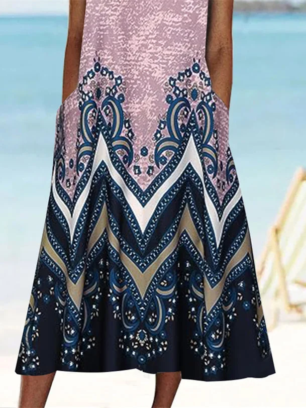 Women's Short Sleeve Scoop Neck Graphic Floral Printed Midi Dress