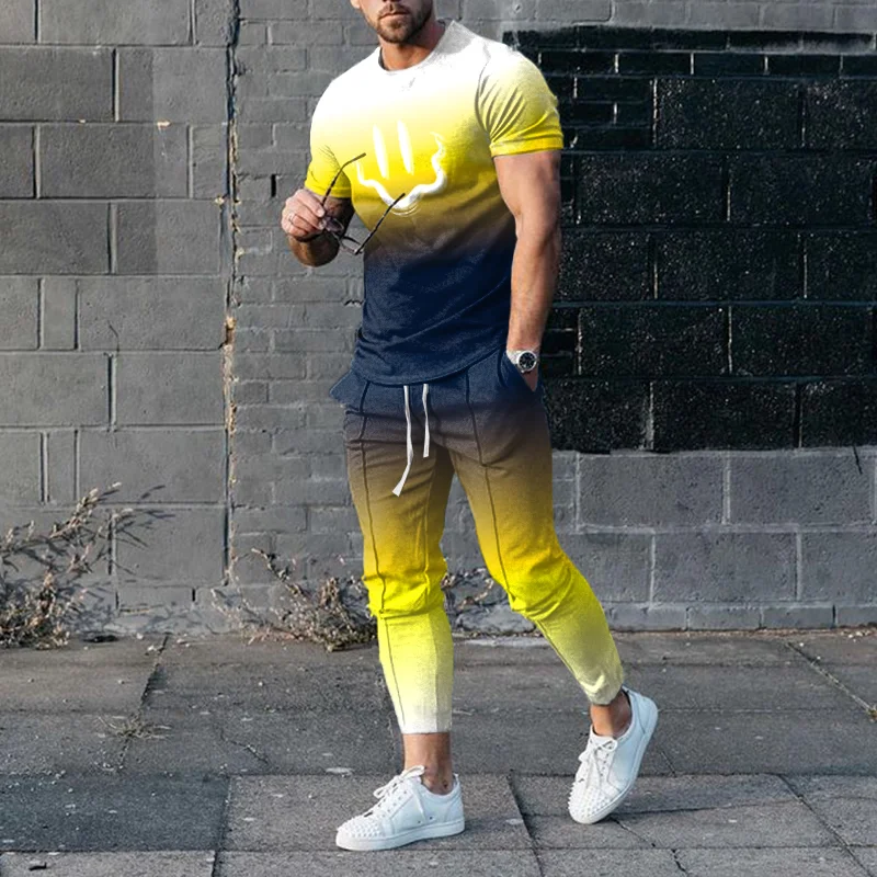 Gradient Yellow Blue T-Shirt And Pants Two Piece Set