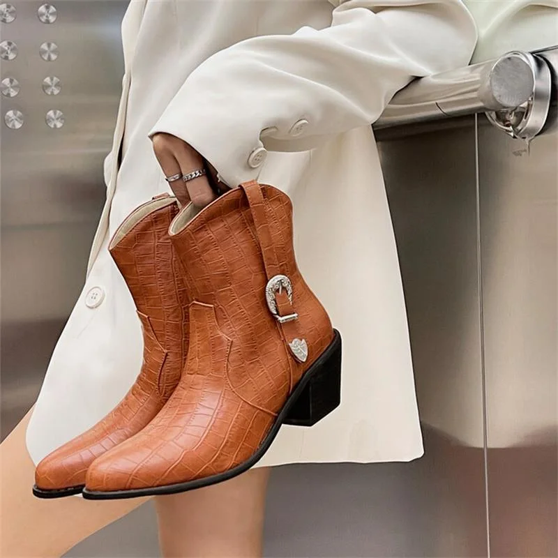 Vstacam Black Friday Women Western Short Boots Solid Color Crocodile Pattern PU Pointed Toe Retro Buckle Thick Heel Fashion Street Women Shoes
