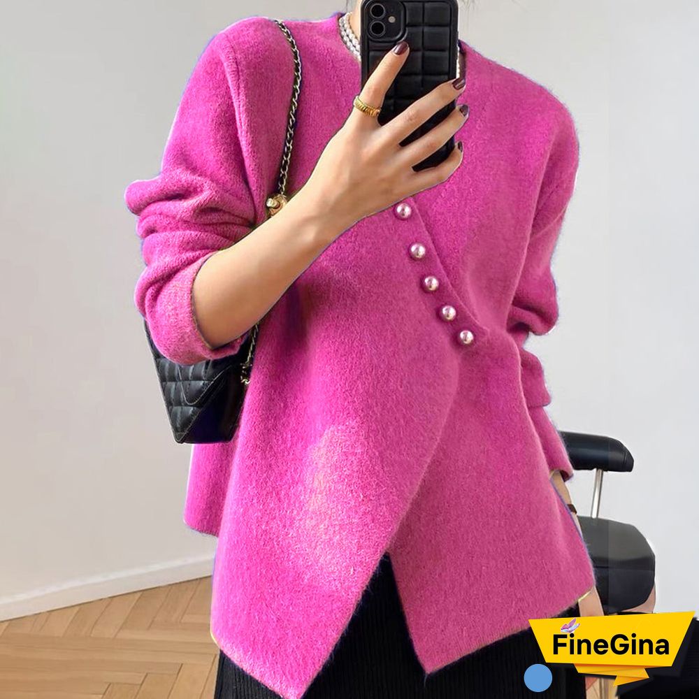 Rose Red Long Sleeve V-Neck Plain Sweater