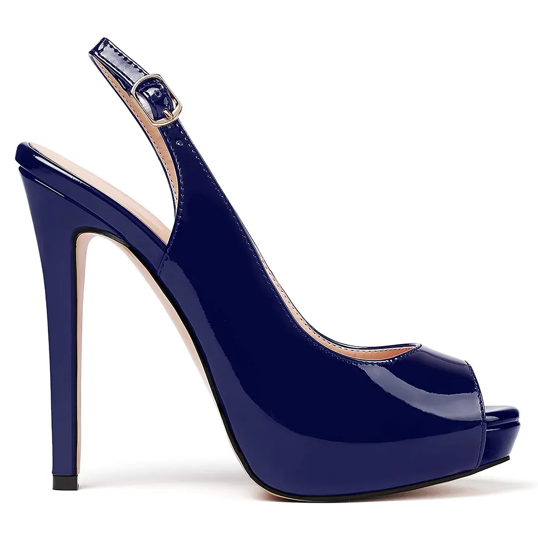 120mm Strap Slingback Sandals Peep Toe Platform Stilettos Blue Patent Heels-vocosishoes