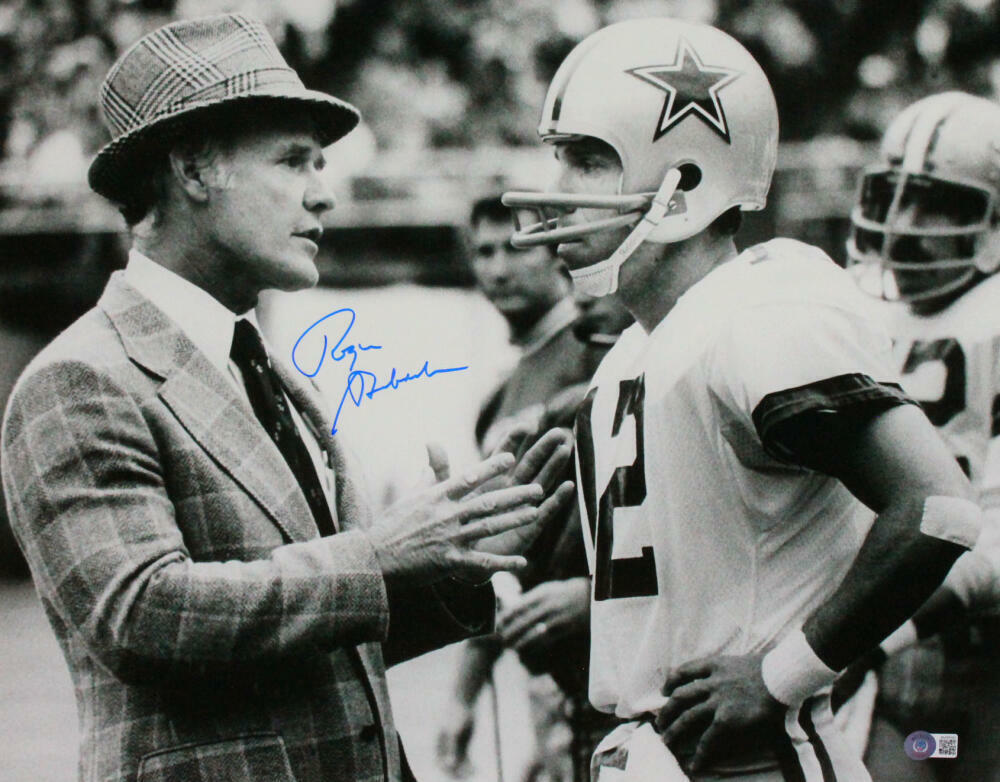 Roger Staubach Autographed Cowboys 16x20 B&W w/Landry Photo Poster painting- Beckett W Hologram