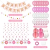 Birthday Decorations, Happy Birthday Banner with Birthday Balloons, Honeycomb Balls, Hanging Swirls, Circle Dots Garland, Happy Birthday Party Decorations for Women Men Boys Girls (Pink)