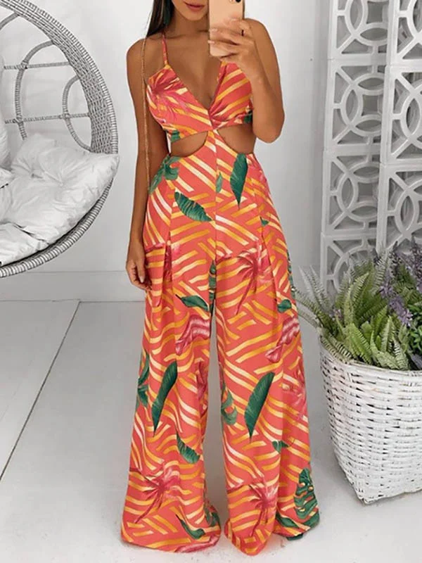 Halterneck Floral Printed Belly-Hollow Loose Wide Leg Jumpsuit