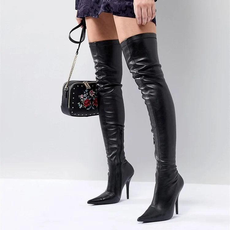 Black Vegan Leather Pointy Toe Thigh High Heel Boots |FSJ Shoes