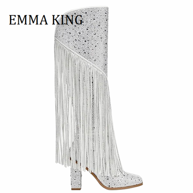 VCSHOES Women Crystal-embellished Knee High Booties Ladies Pointed Toe Rhinestone Western Fringe Boots Female Catwalk Botines De Mujer