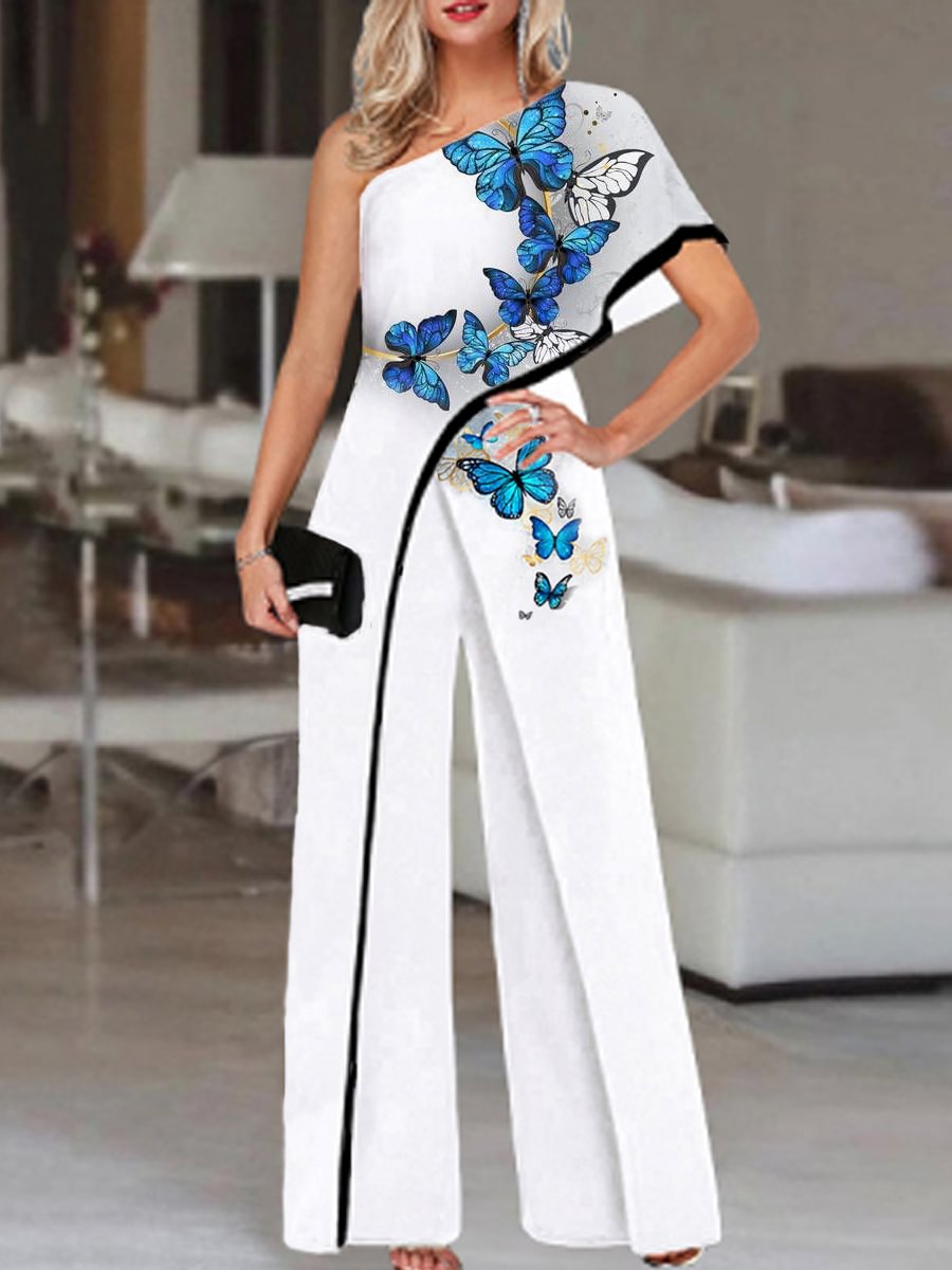 Fashion Butterfly Print One Shoulder Jumpsuit Women