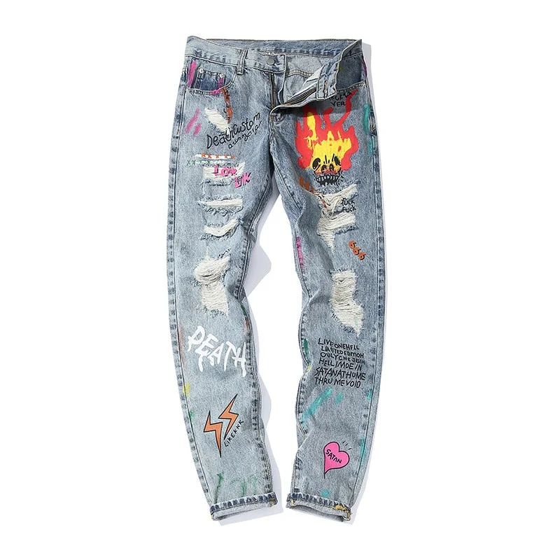 Hole Flame Graffiti Painted Skinny Jeans Ripped for Men Straight Casual Large Size Hip Hop Trousers Winter Jeans Pants