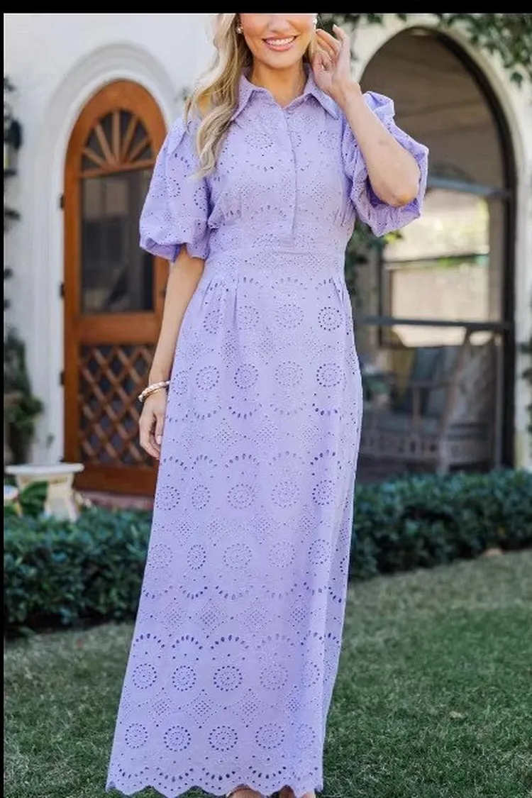 Embroidered Cotton Maxi Dress with Puff Sleeves and Lace