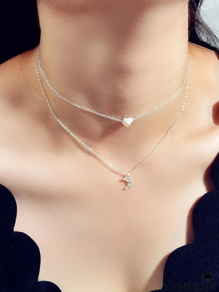 Heart & Moon Pendant Layered Necklace
