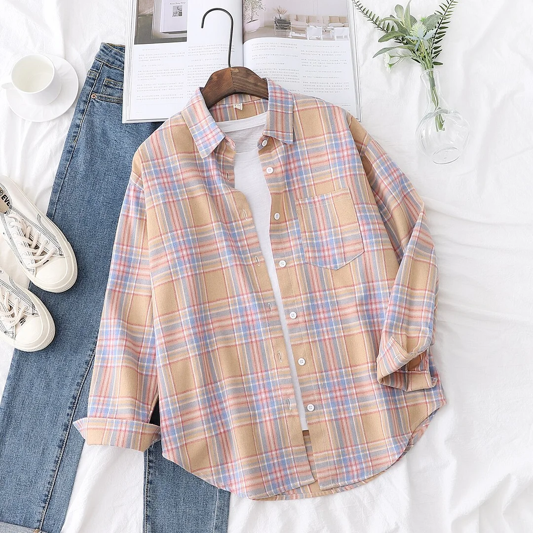 2021 New Long Sleeve Loose Casual Womens Plaid Shirt Fine Fresh College Style Design Blouses And Tops Female Checked Clothes