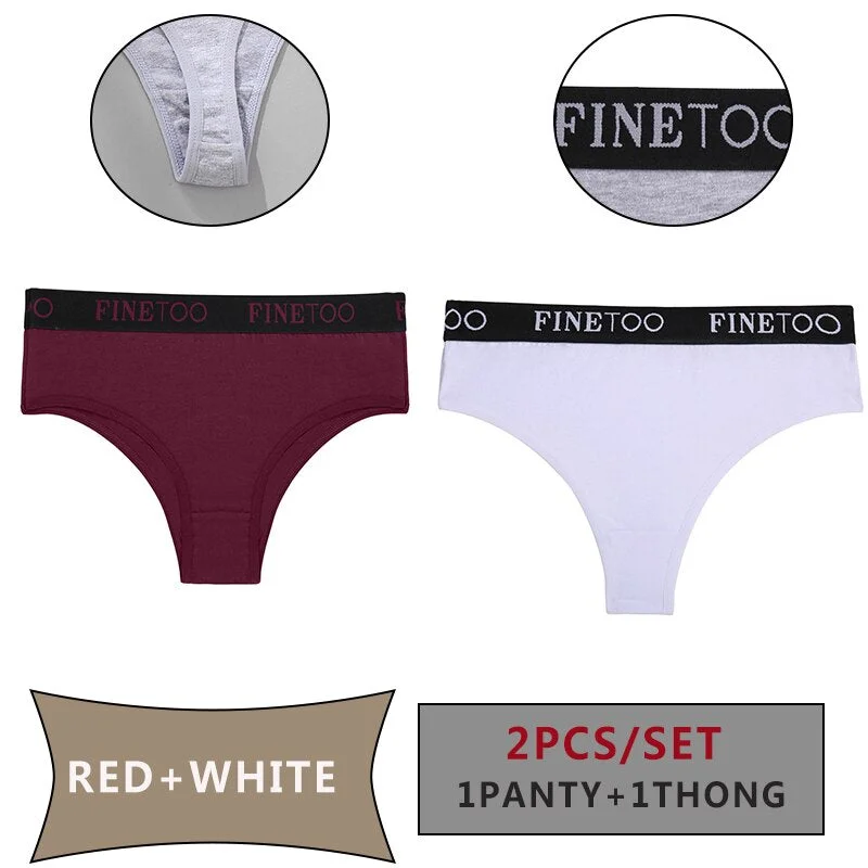 FINETOO 2PCS/Set Women Cotton Panties Sexy Letter Underwear Panty Thong Low Waisted 1Panty+1G-string Brief Tanga Lingerie Femme