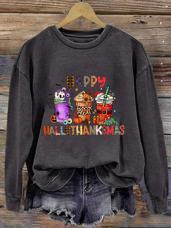 Women's Happy Hallothanksmas Coffee Print T-Shirt
