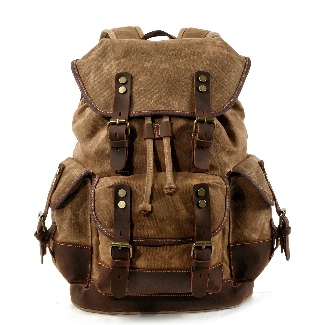 Outdoor Backpack Leisure Large Capacity Travel Backpack Waxed Canvas Bag Stitching Leather Mountaineering Bag