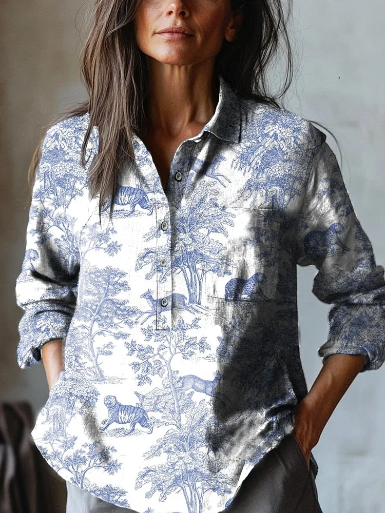 Women's Forest Animal Print Casual Cotton and Linen Shirt