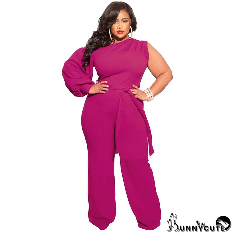 Fall Plus Size Women's Slash Shoulder Single Sleeve Wide Leg Jumpsuit With Belt