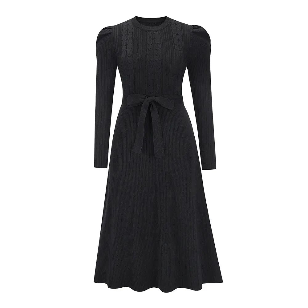 Women Round Neck Puff Shoulder Cable Knit Midi Dress