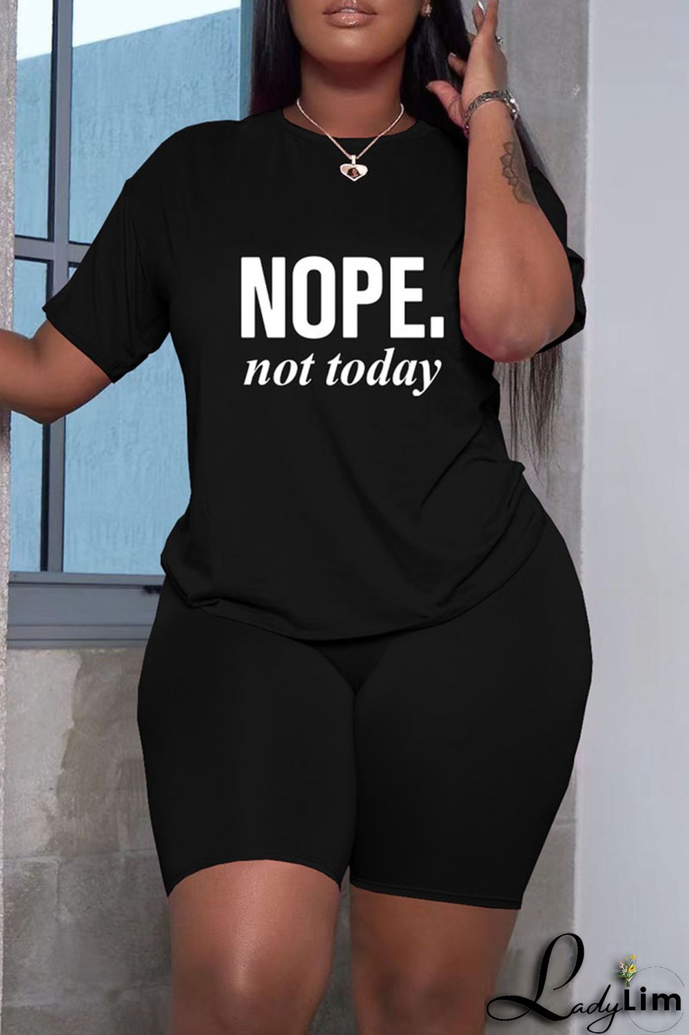 Grey Fashion Casual Letter Print Basic O Neck Short Sleeve Two Pieces