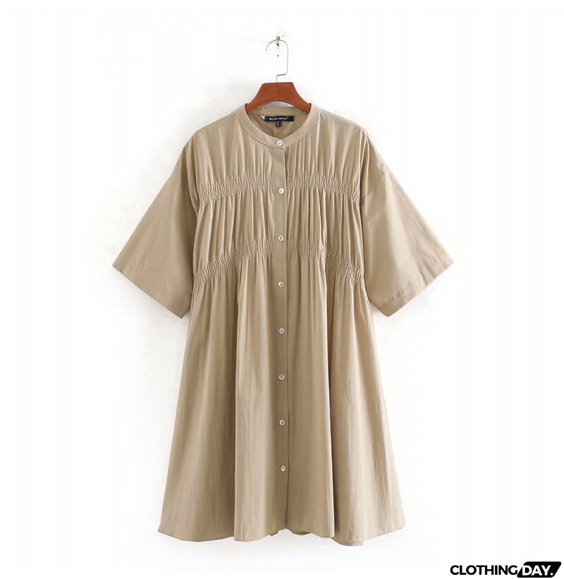 Cotton Dresses Summer Autumn Casual Button Solid Color Loose Ruched Fitted Dress Women Fashion  Clothes Support Dropshipping