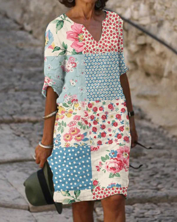 Retro Contrast Floral Casual Dress