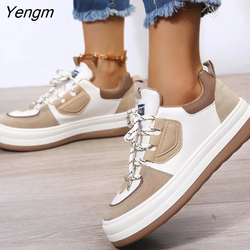 Yengm Women Plush Sneakers 2022 New Fashion Warm Women Shoes Round Toe Splicing Casual Lace Up Sport Shoes Ladies Vulcanized Shoes