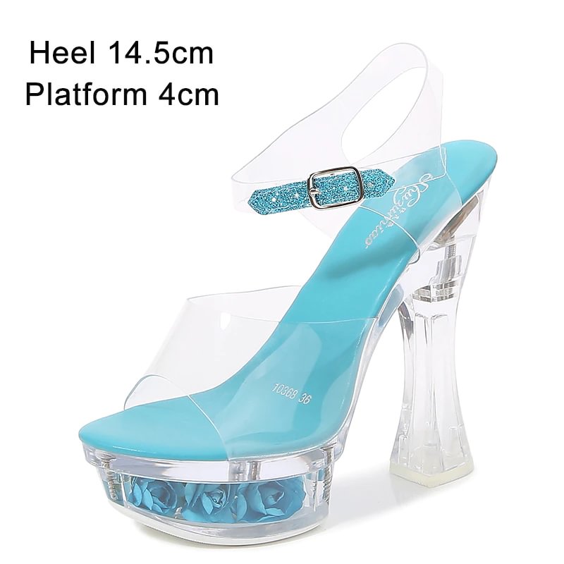 Zingj Shuzumiao Glowing Sandals Women 2020 Summer New Flowers Transparent High Heels 14.5cm Platform Thick heel Ladies Banquet Shoes
