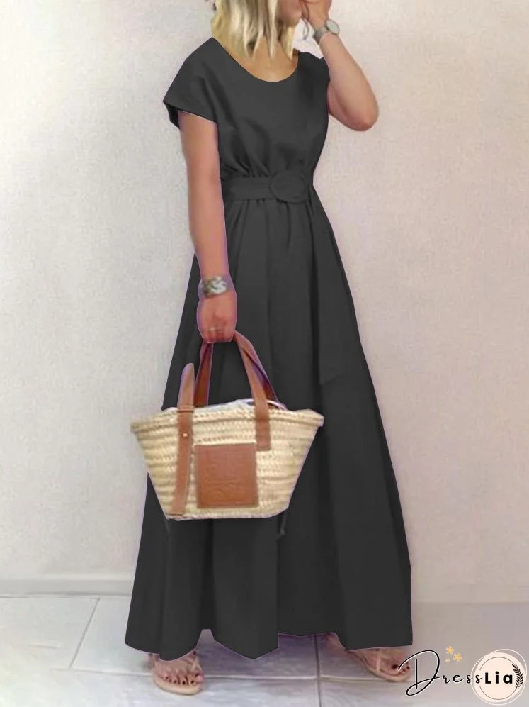 Women's Dresses Solid Round Neck Belt Short Sleeve Dress