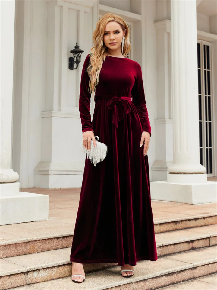 Elegant Golden Velvet Solid Color High-grade Long Dress-Cosfine