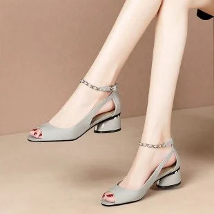 Canrulo Leather PeepToe Sandals Woman,2022 Summer Shoes for Mum,Office Lady Low Heels,Chain Ankle Strap,WHITE,APRICOT,Dropshipping