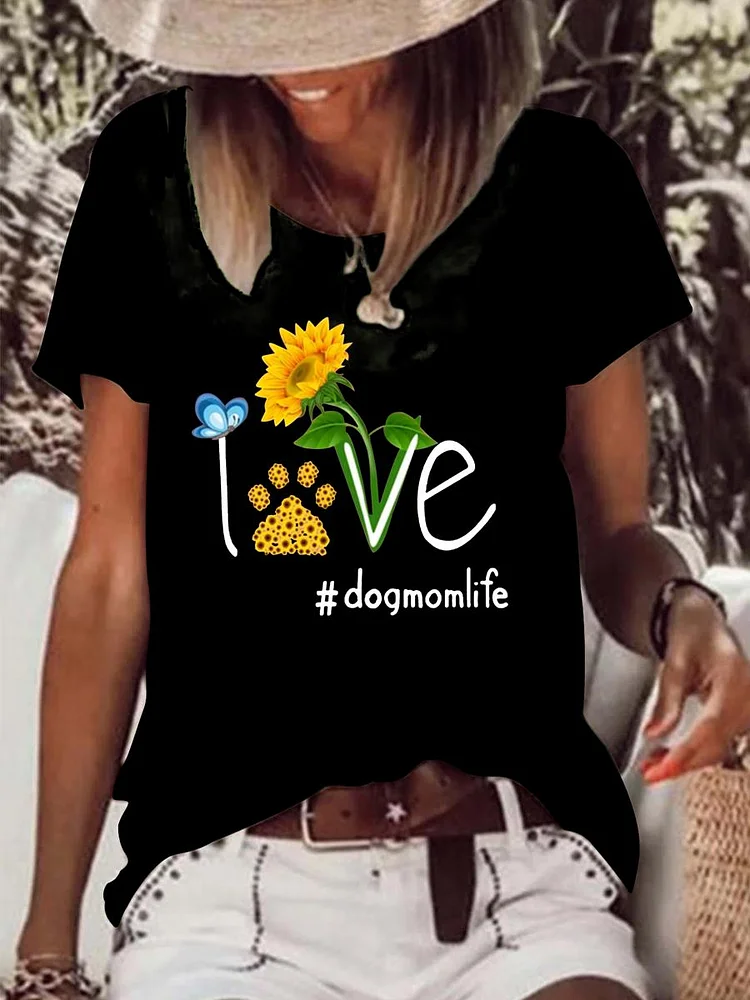 Love Dog Mom Life Sunflower Raw Hem Tee-Annaletters