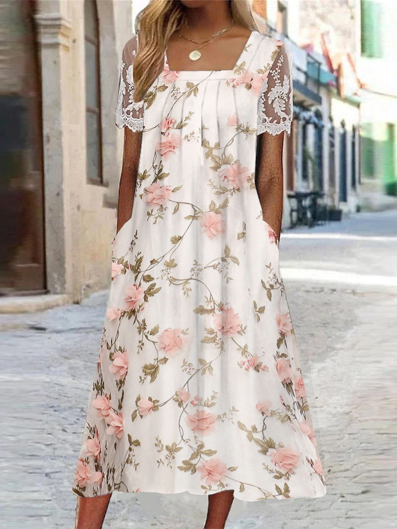 Women's Short Sleeve Square Collar Floral Printed Lace Stitching Midi Dress
