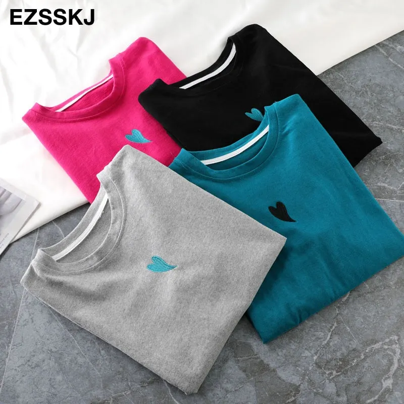 spring summer Women basic heart embroidery T-shirt Casual Loose short sleeve bottom candy color cotton T-shirt  Female Tops