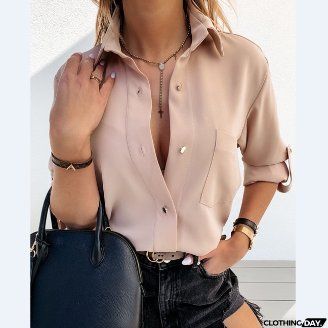 Design Solid Button Long Sleeve Shirt