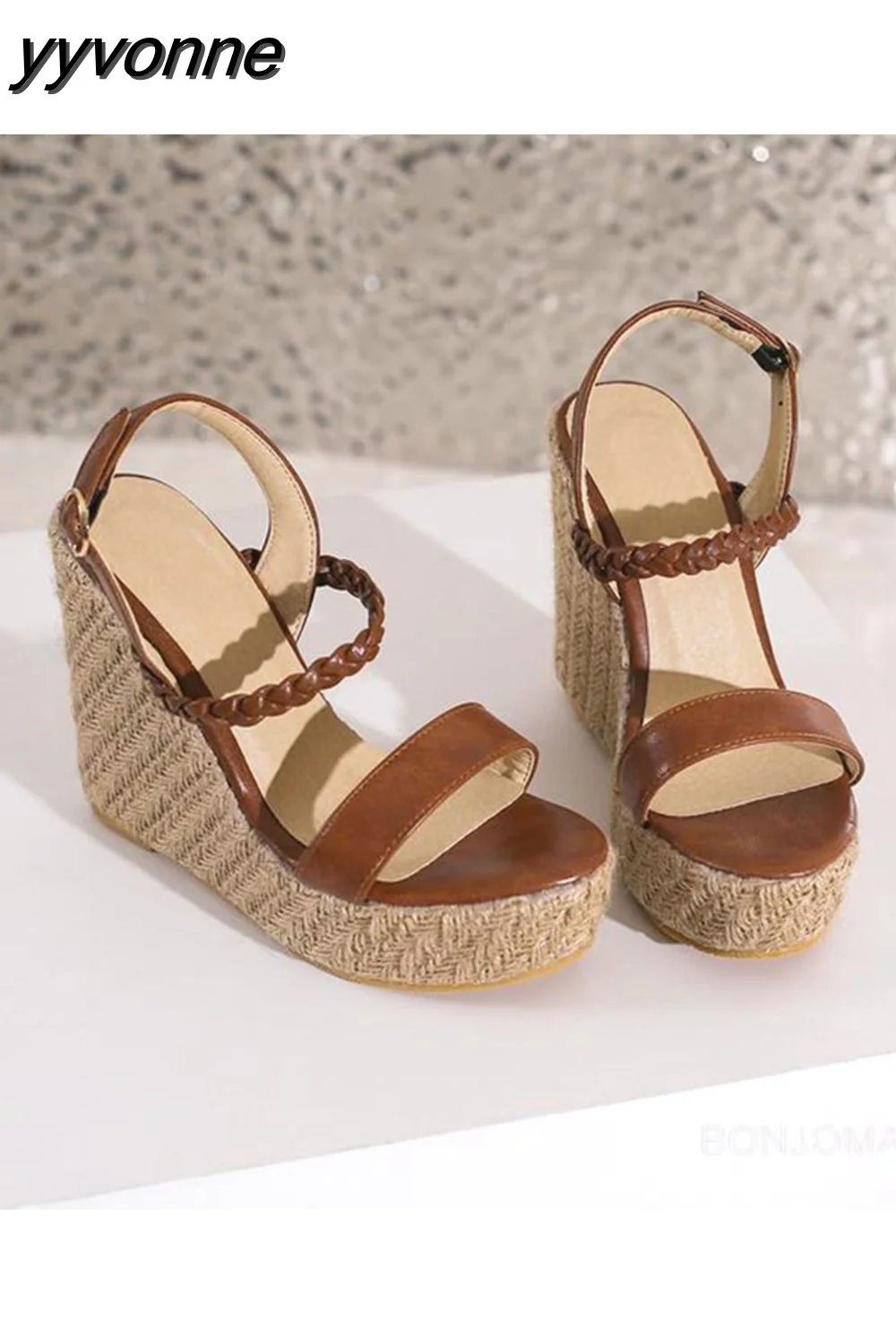 yyvonne High Heel Sandals For Women Cross Strap Fashion Platform Sandals Shoes Summer Narrow Band High Heeled Straw Espadrille