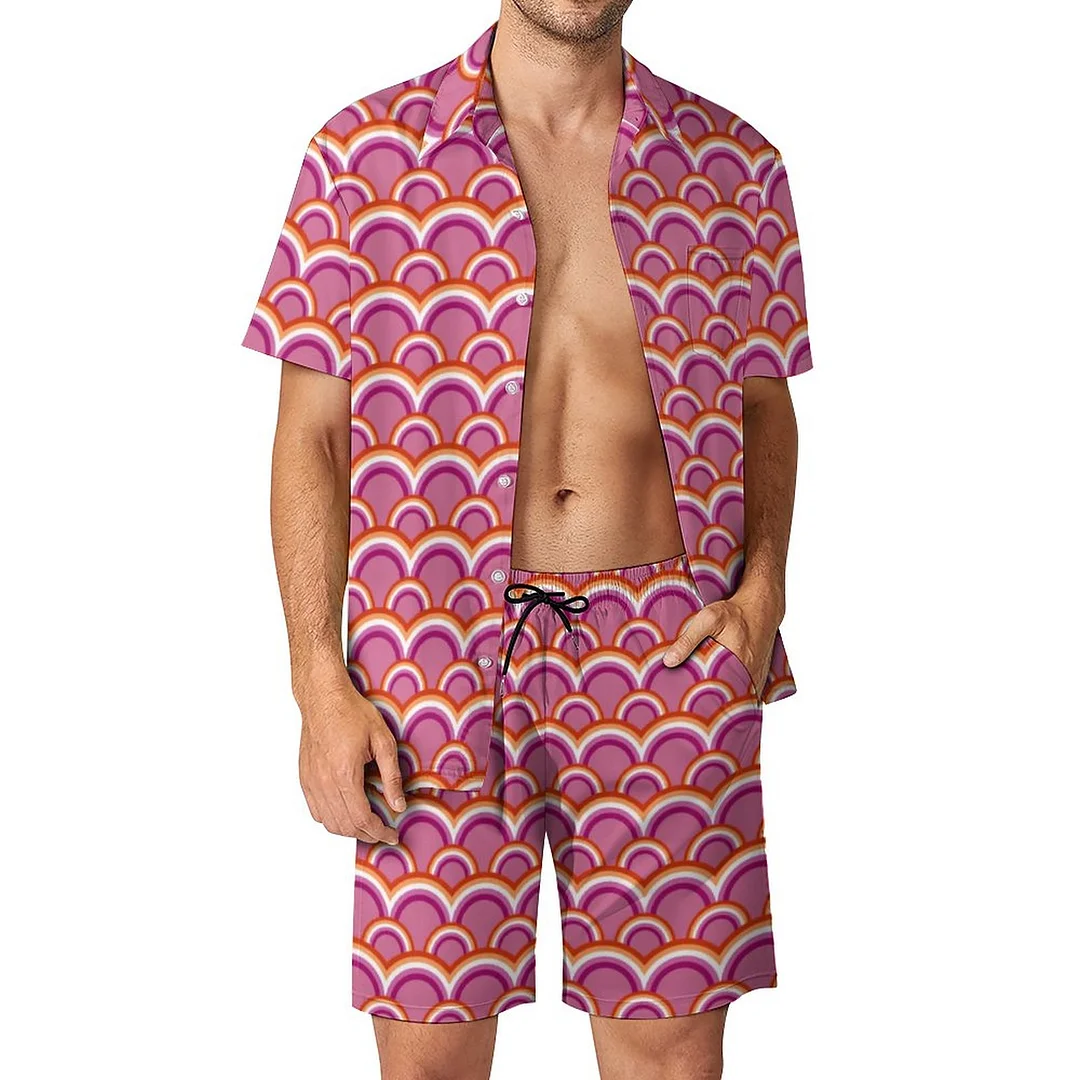 Lesbian Pride Flag Rainbow Men Hawaiian 2 Piece Outfit Vintage Button Down Beach Shirt Shorts Set Tracksuit with Pockets