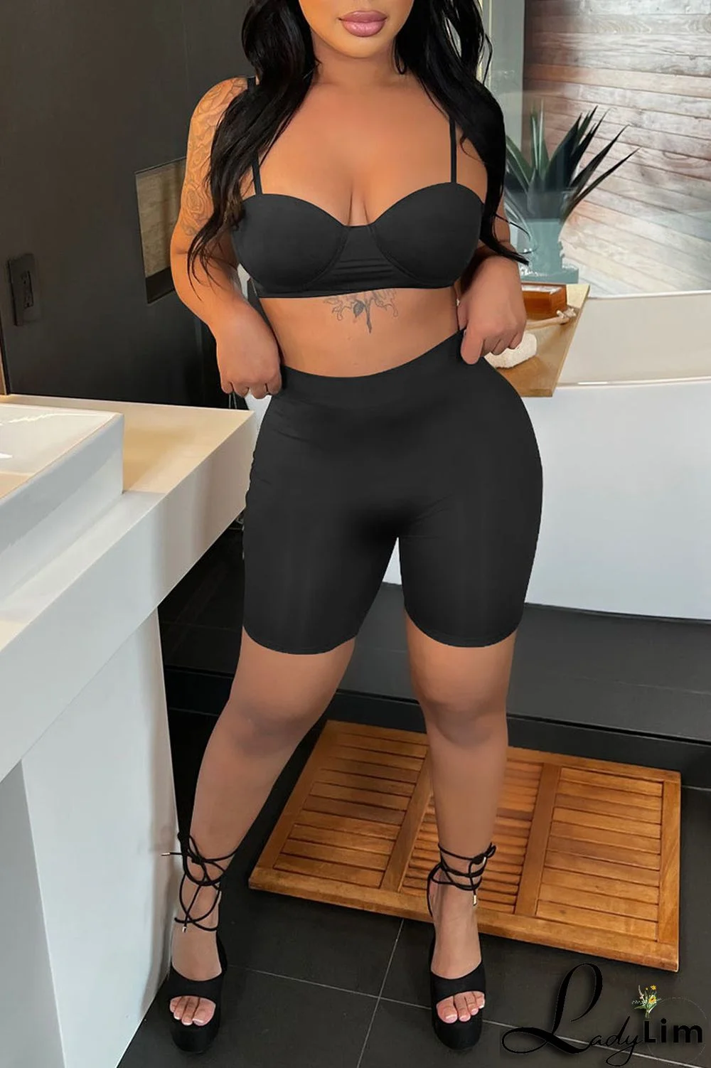 Blue Sexy Solid Split Joint Spaghetti Strap Sleeveless Two Pieces