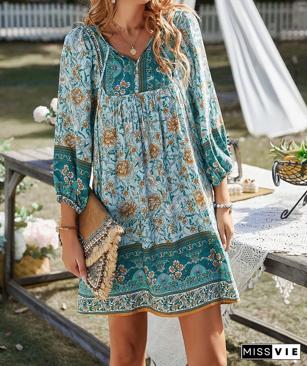 Woman Chiffon Floral-Print Half Sleeve V Neck Elegant Dress