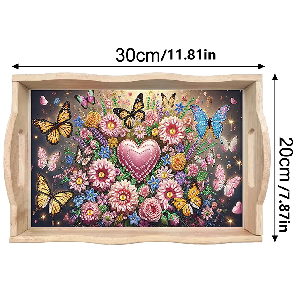 5D DIY Flower Butterfly Diamond Painting Wooden Serving Tray with Handle for Desk
