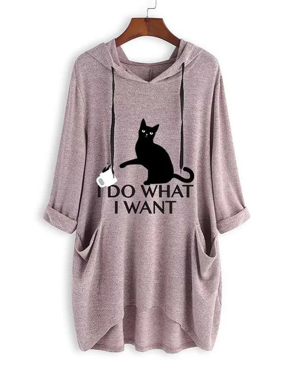 I DO WHAT I WANT Cute Cat Print Irregualr 3/4 Sleeve Plus Size Hoodie