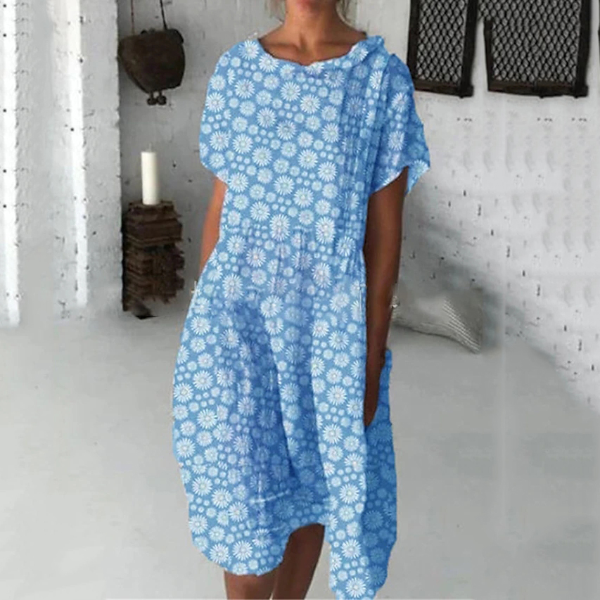 Simple Round Neck Short Sleeve Printed Midi Dress wearshes