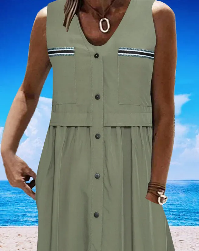 Women's Green Sleeveless V-neck Buttons Midi Dress