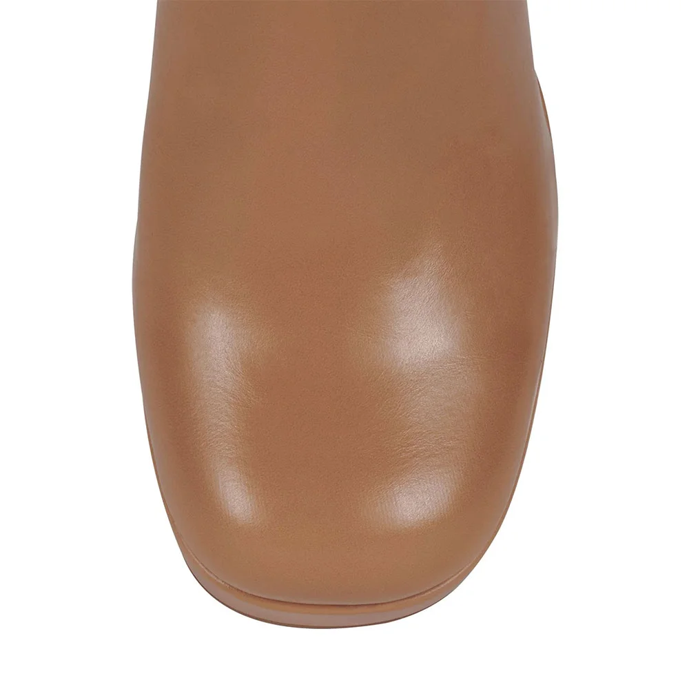 Square Toe Buckle Strap Zipper Platform Tall Boots for Women in Nude