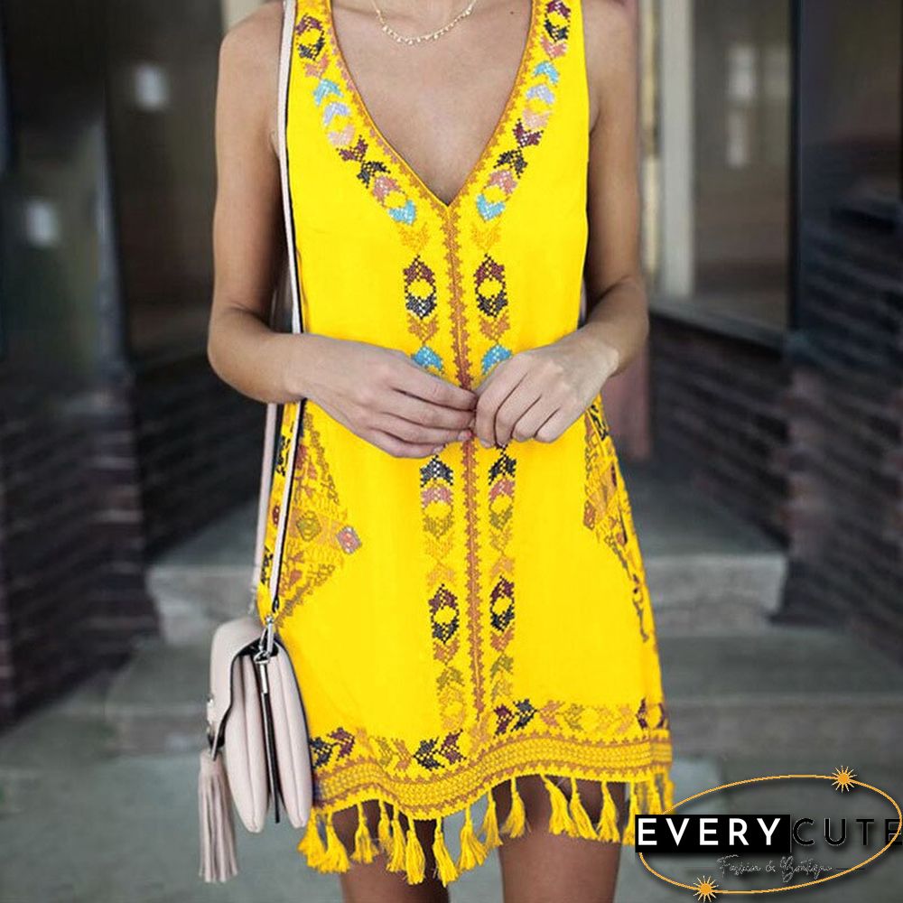 Summer Loose A-line Version Hem Fringed Ethnic Style Print Dress Women Boho Sleeveless