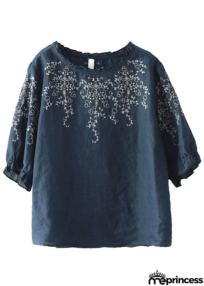Handmade Navy lantern Sleeve O-Neck Embroidered Summer Ramie Blouses